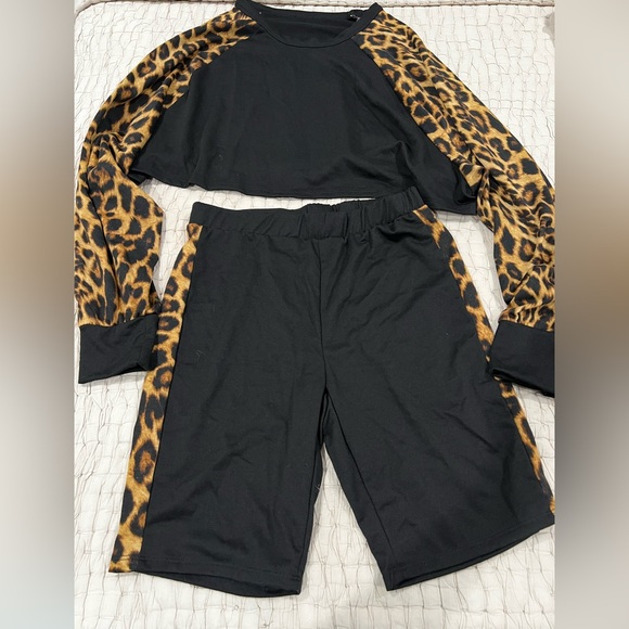 Pants - Black and Leopard Print Two-Piece Set